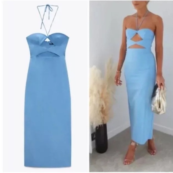 Zara Blogger Favorite Blue Cut-out Halter Top Bodycon Midi Dress Sz L - Picture 6 of 13